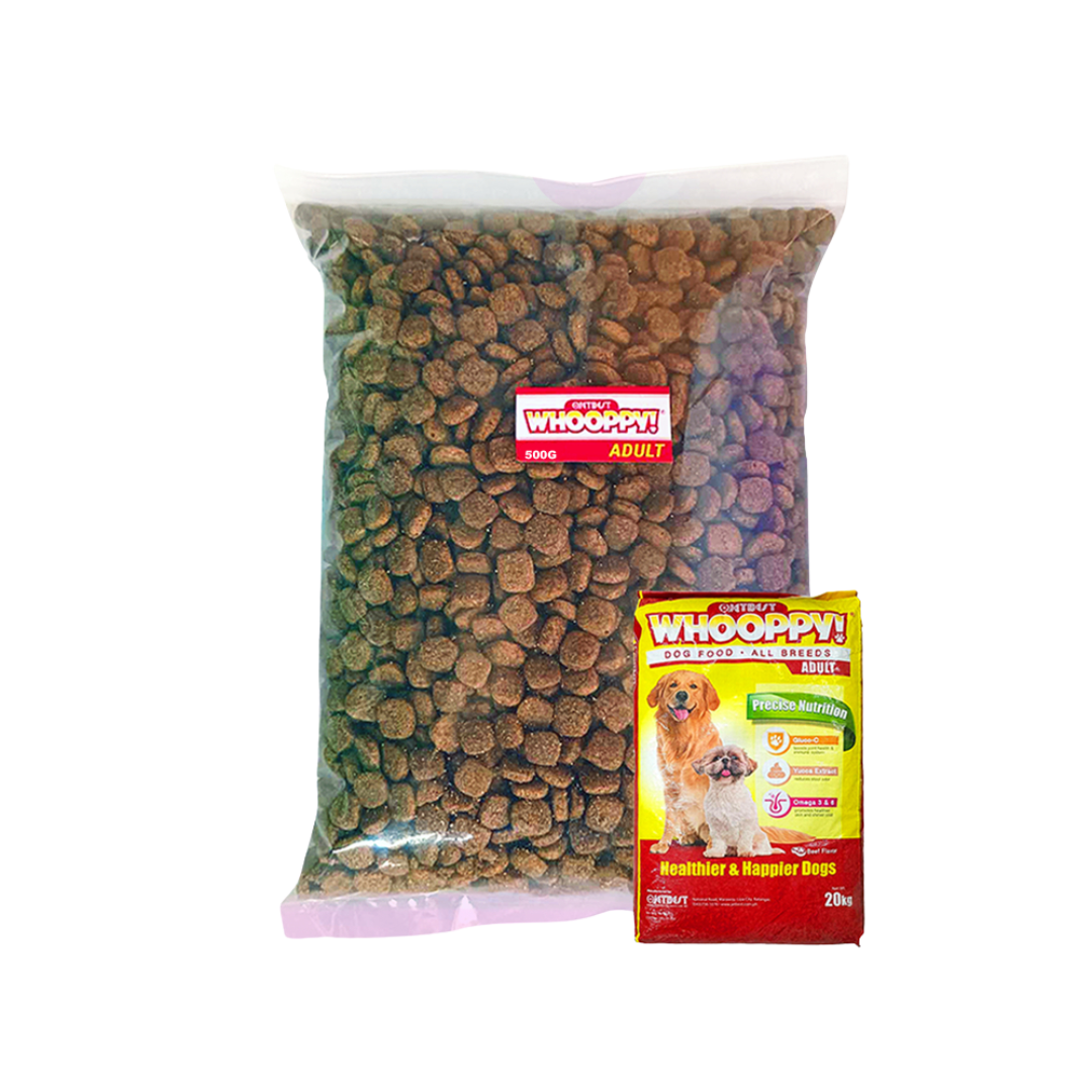 Whooppy Dog Food Adult and Puppy 1kg or 500g (for all breeds) with Yucca Extract supports intestinal cleansing and is proven effective to minimize stool odor