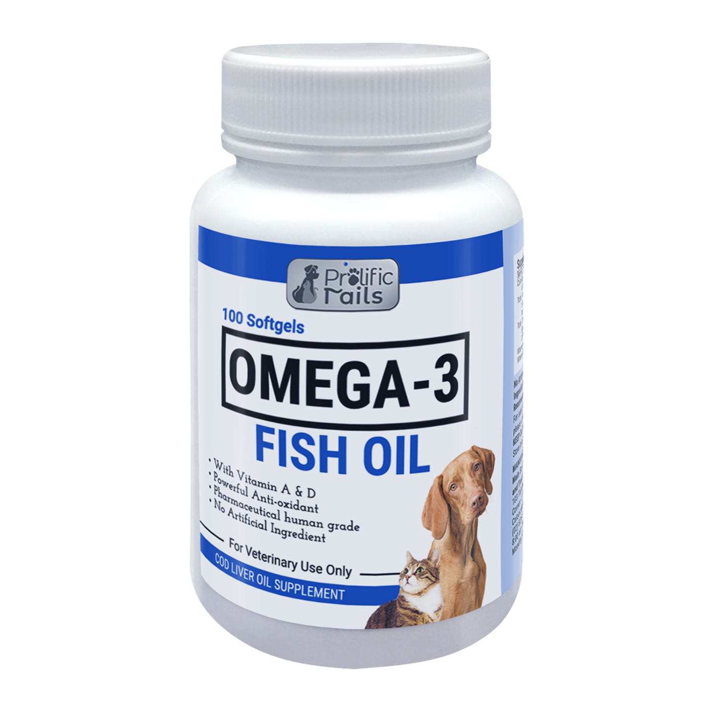 Prolific Tails Omega 3 Fish Oil Supplement for Dogs and Cats (100 Soft Gels)