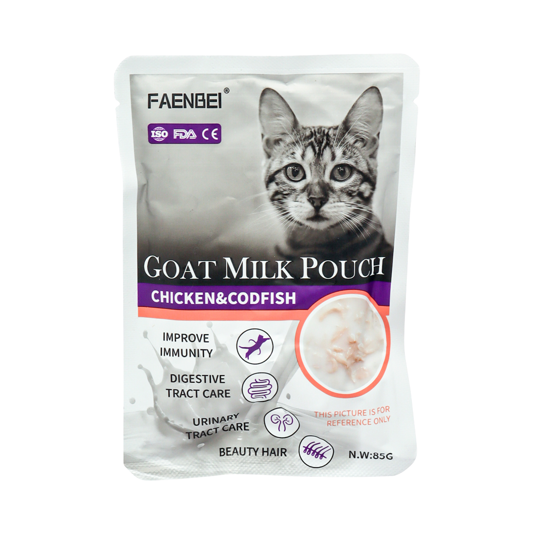 Faenbei Goat Milk Pouch 85g : A Nutritious Treat for Your Feline Friend (Chicken & Codfish)