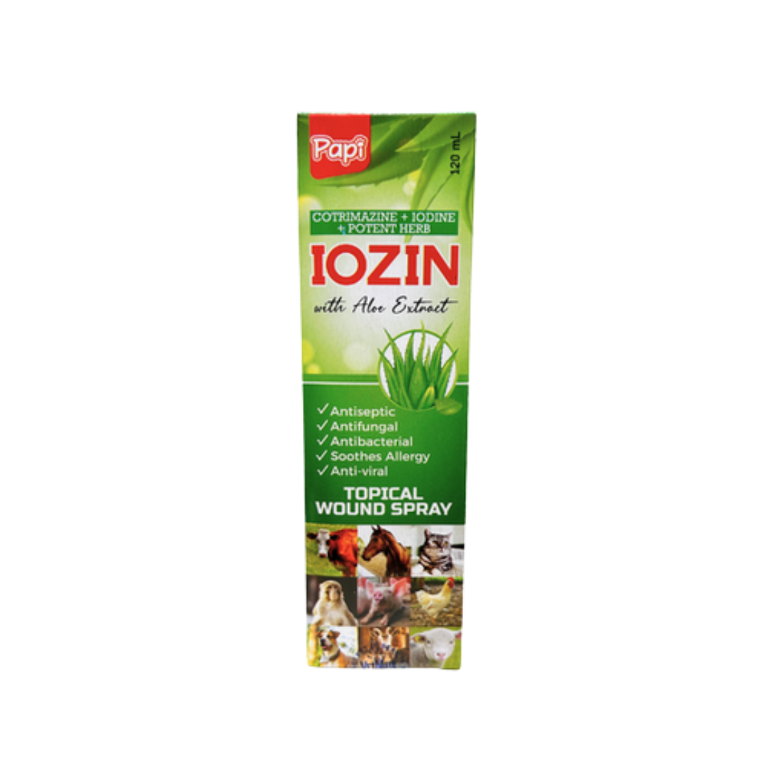 Papi Iozin with Aloe Extract Topical Wound Spray Cotrimazine + Iodine + Potent Herb 120mL For Pets