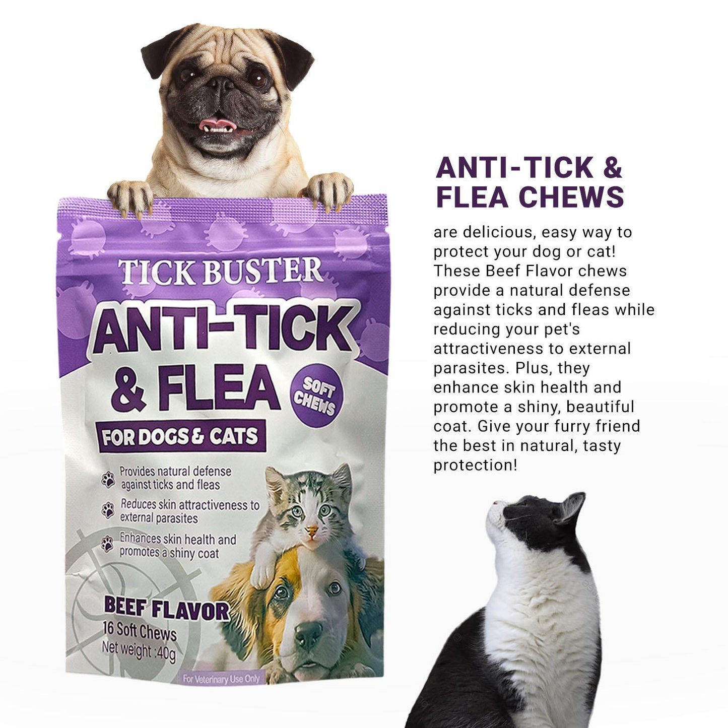 Tick Buster Chews  | Anti-Tick & Flea Treats for Cats & Dogs – Beef Flavor 40g