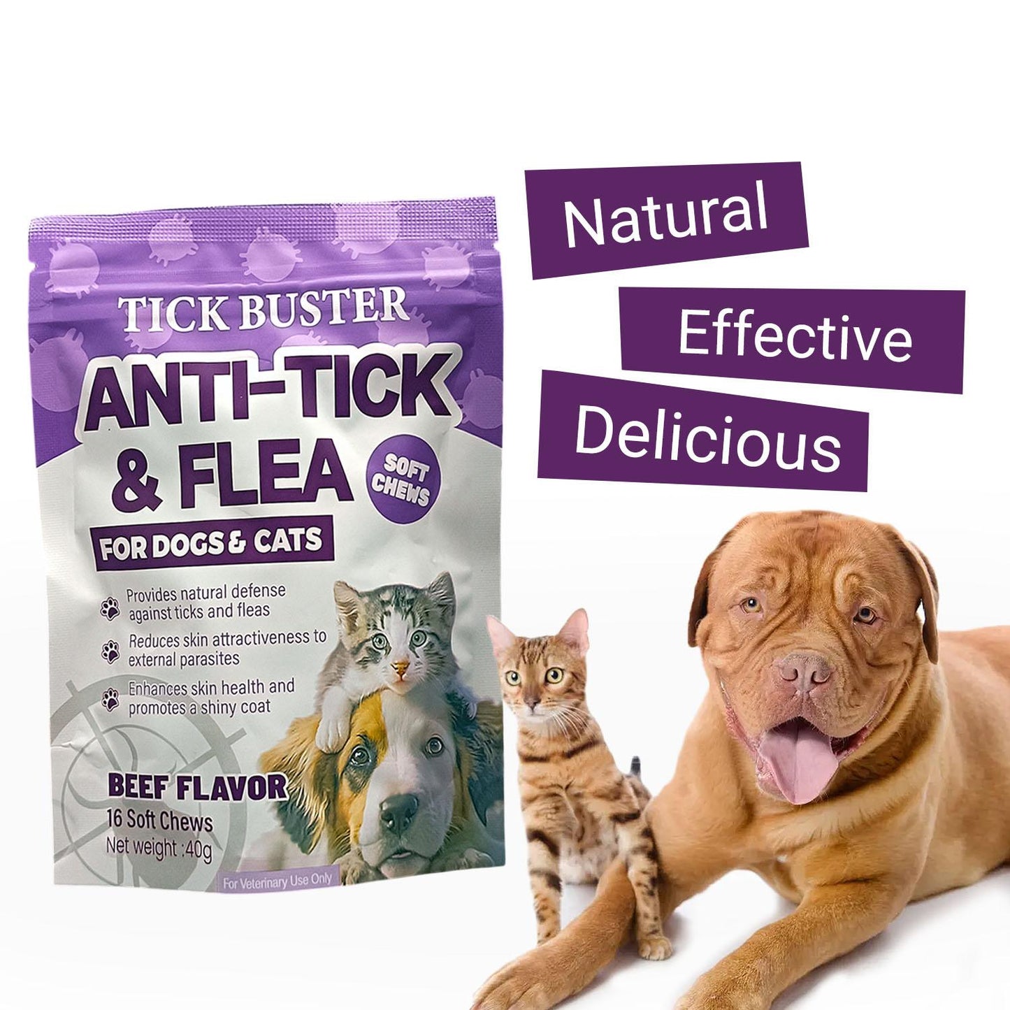 Tick Buster Chews  | Anti-Tick & Flea Treats for Cats & Dogs – Beef Flavor 40g