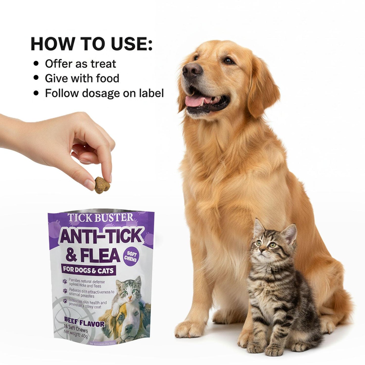 Tick Buster Chews  | Anti-Tick & Flea Treats for Cats & Dogs – Beef Flavor 40g