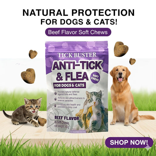 Tick Buster Chews  | Anti-Tick & Flea Treats for Cats & Dogs – Beef Flavor 40g