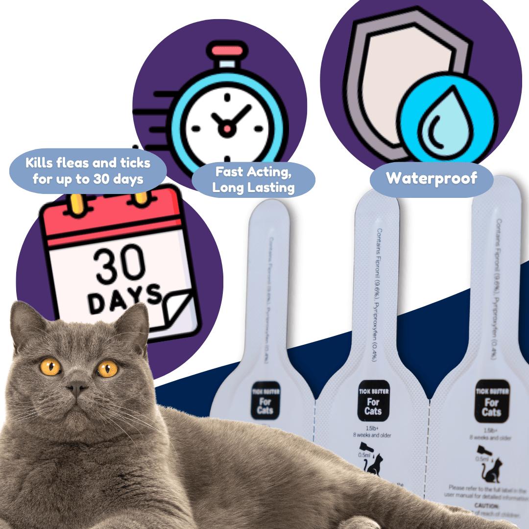 Tick Buster Spot On for Cats – 3pcs x 0.5ml, Flea & Tick Treatment, For Cats 8 Weeks+, Over 1.5lbs, 30-Day Protection