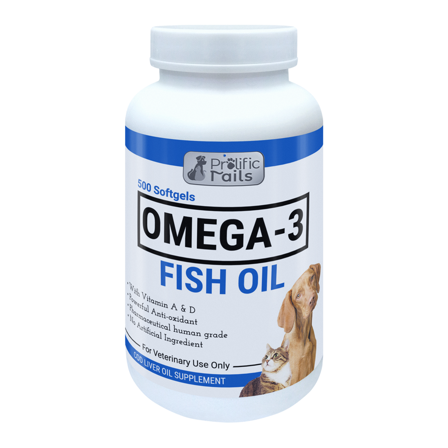 Prolific Tails Omega 3 Fish Oil Supplement for Dogs and Cats (500 Soft Gels)