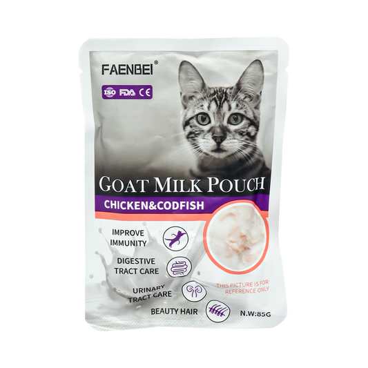 Faenbei Goat Milk Pouch 85g : A Nutritious Treat for Your Feline Friend (Chicken & Codfish)