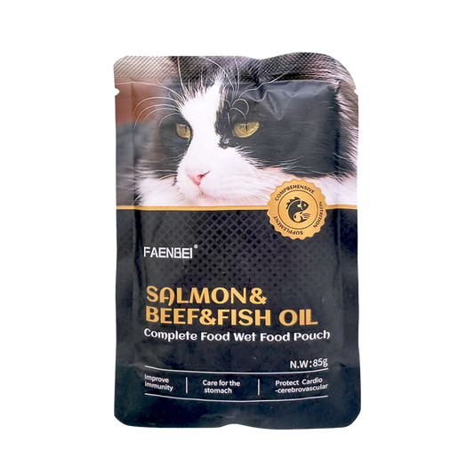 Faenbei Complete Food Wet Food Pouch 85g: A Nutritional Meal for Your Cat (Salmon & Beef & Fish Oil)