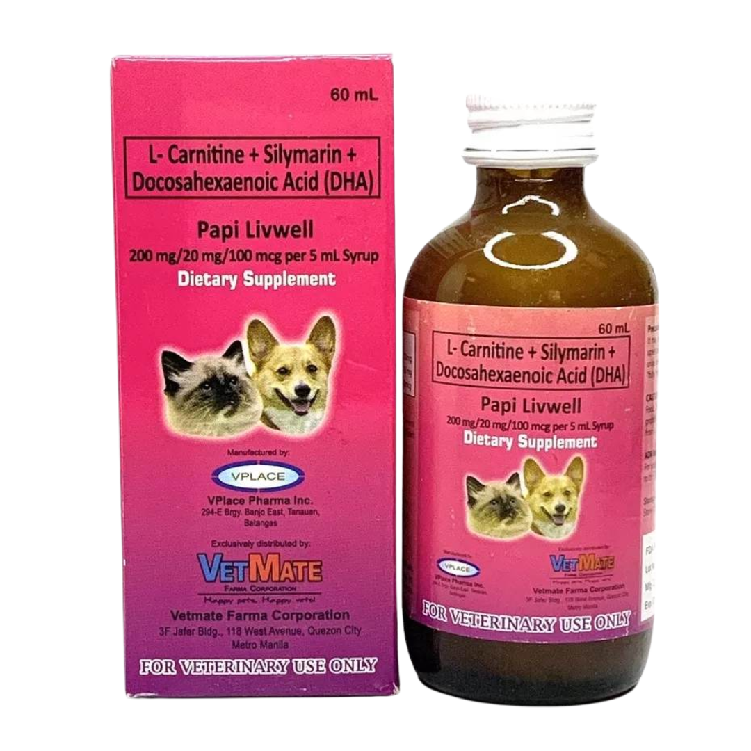 PAPI LIVWELL Dietary Herbal Supplement Silymarin + Docosahexaenoic Acid + L - Carnitine 60mL For Dogs and Cats