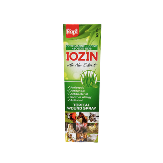 Papi Iozin with Aloe Extract Topical Wound Spray Cotrimazine + Iodine + Potent Herb  120mL For Pets