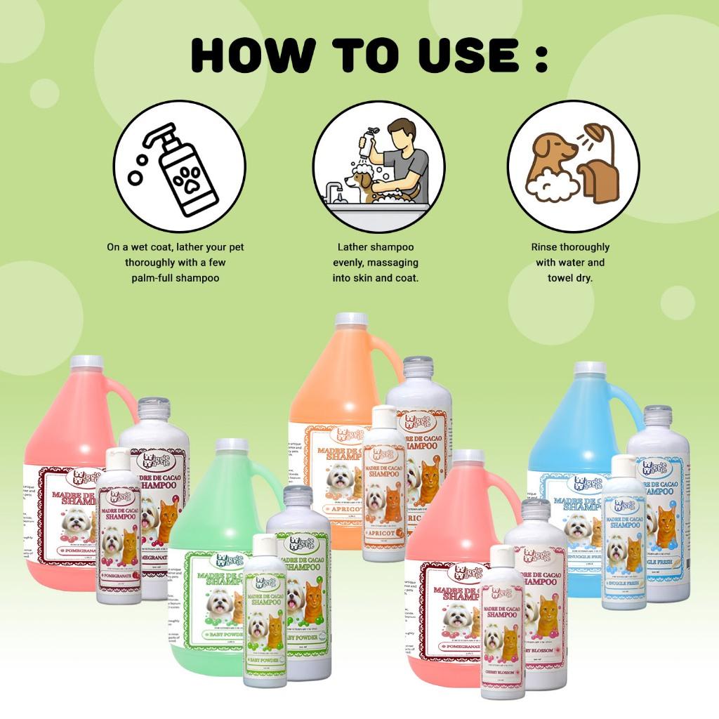 Wiggle Waggle Madre de Cacao Pet Shampoo Pomegranate, Cherry Blossom, Snuggle Fresh,