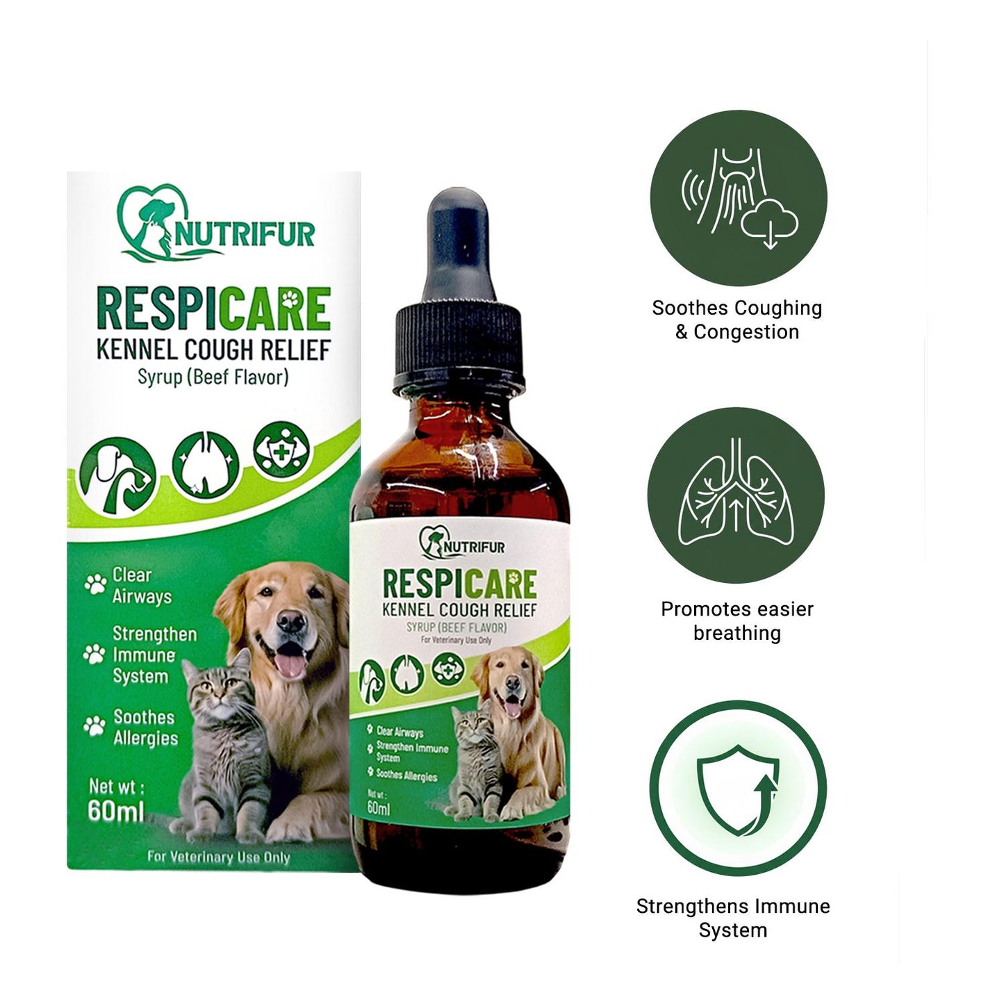 Nutrifur Respicare Kennel Cough Relief Syrup for Dogs & Cats – 60ml Beef Flavor