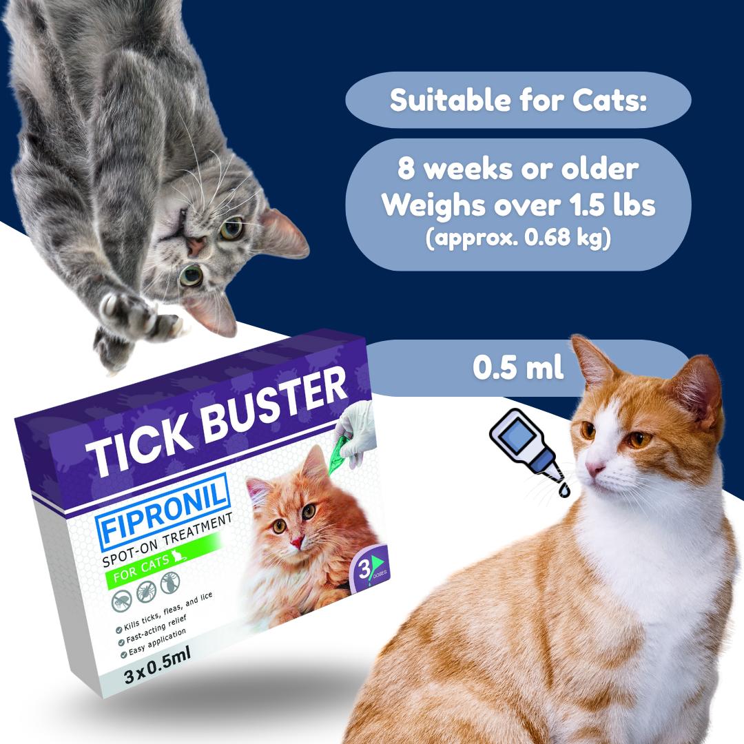 Tick Buster Spot On for Cats – 3pcs x 0.5ml, Flea & Tick Treatment, For Cats 8 Weeks+, Over 1.5lbs, 30-Day Protection